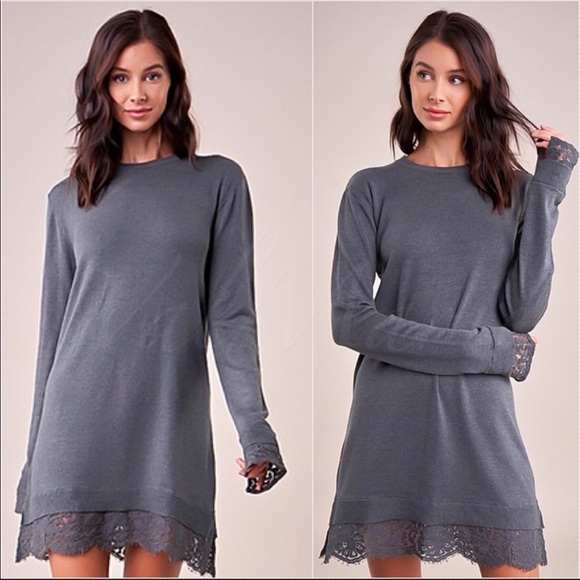 Gray Crochet Hem Sweater Dress - Picture 2 of 4